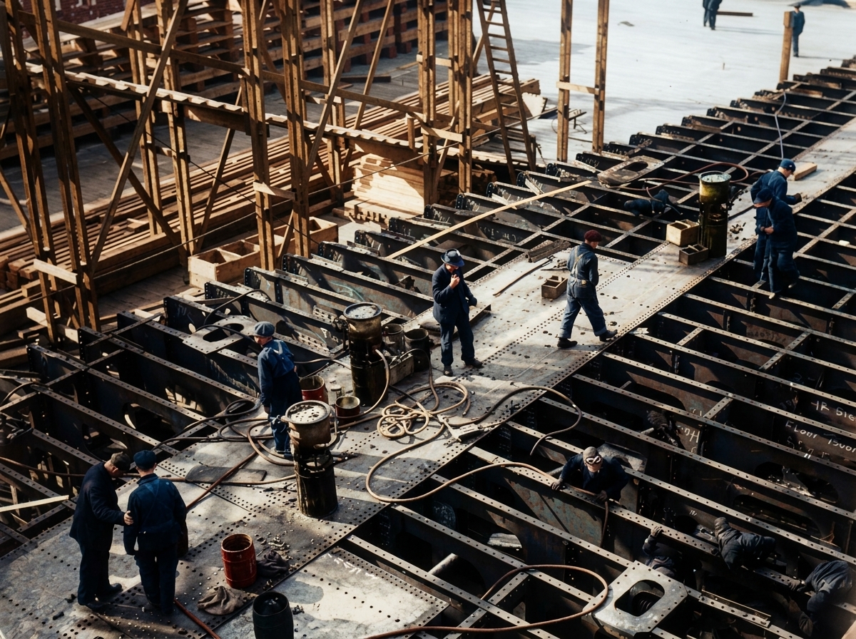 Shipyard workers on hull framework, Seattle, c. 1918