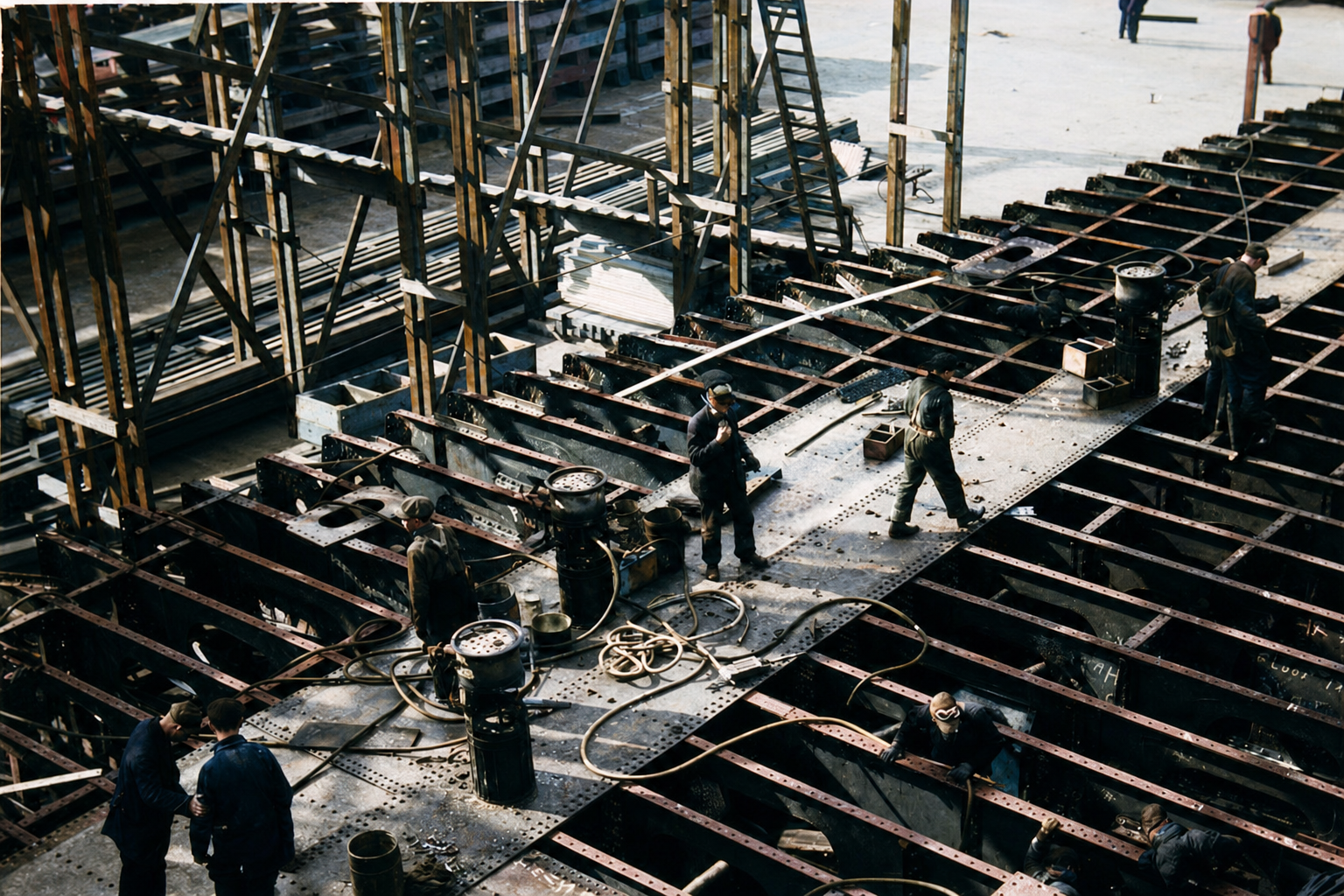 Shipyard workers on hull framework, Seattle, c. 1918