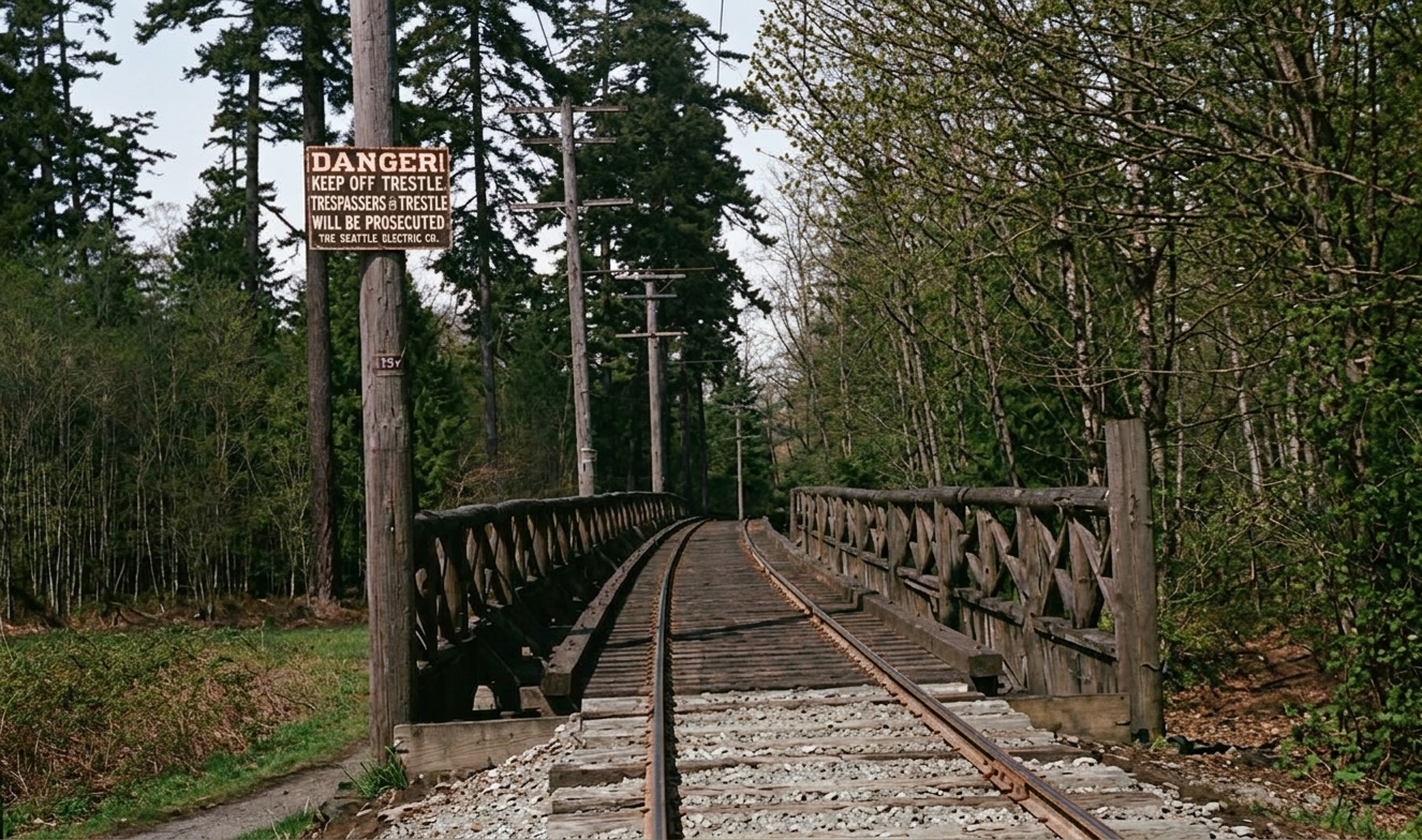 Seattle Electric Co. trestle with 'Danger' sign, c. 1905