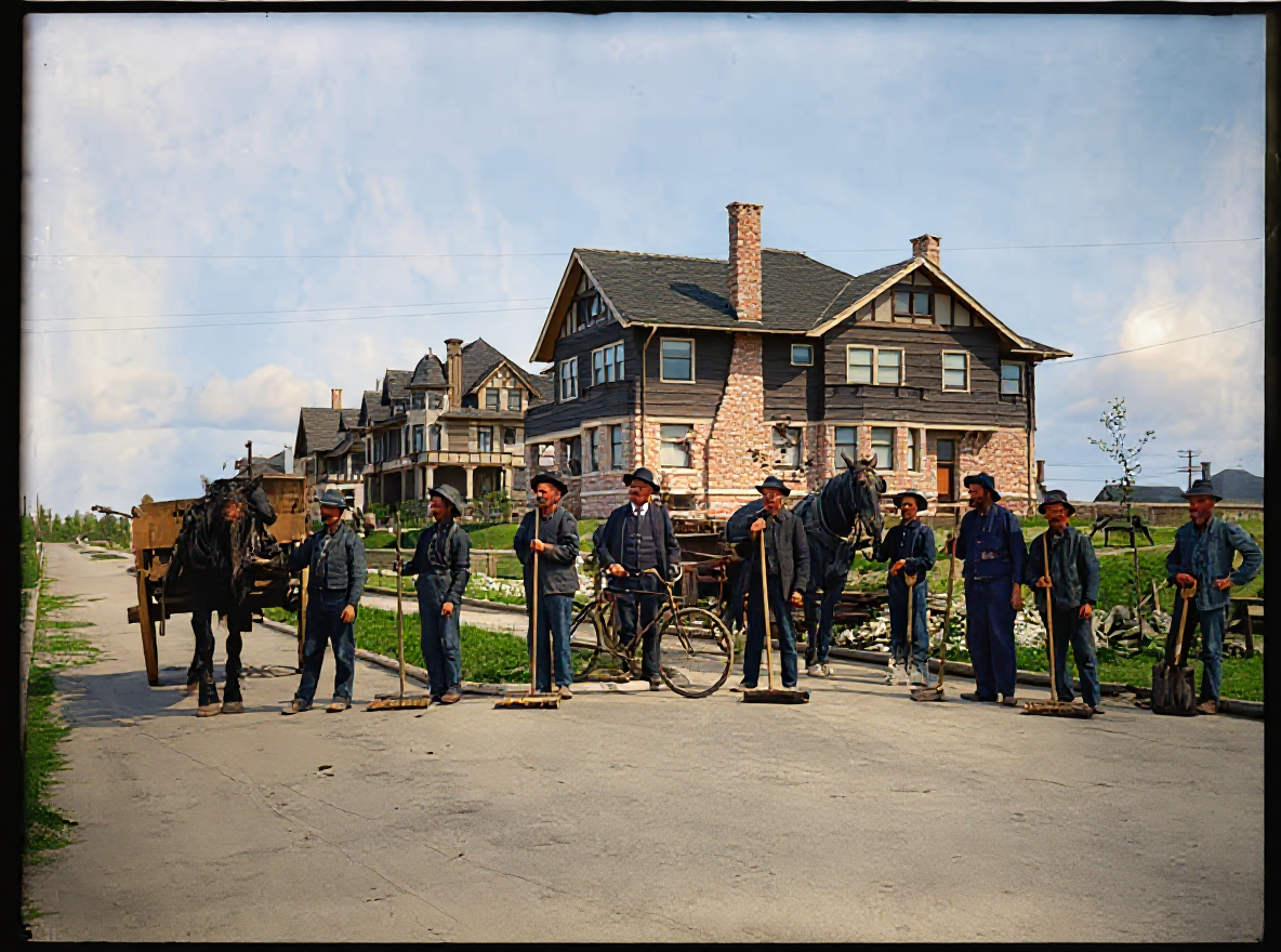 Street cleaning crew on a Seattle residential boulevard, c. 1905