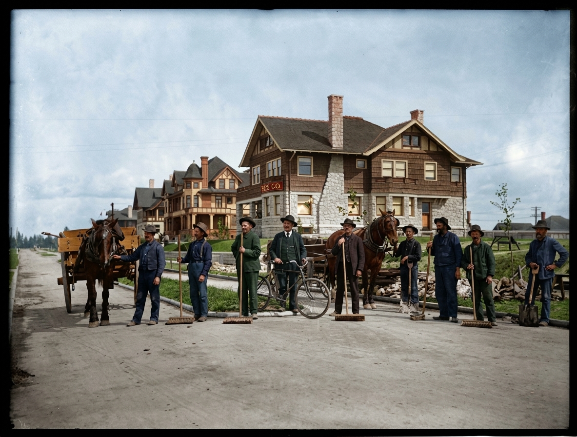 Street cleaning crew on a Seattle residential boulevard, c. 1905