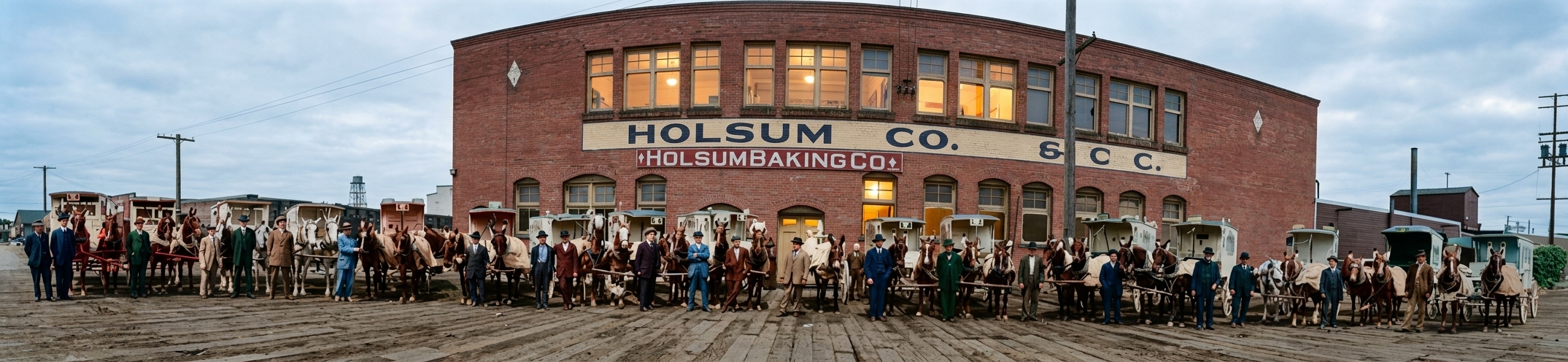 Holsum Baking Co. employees and delivery wagons, c. 1913