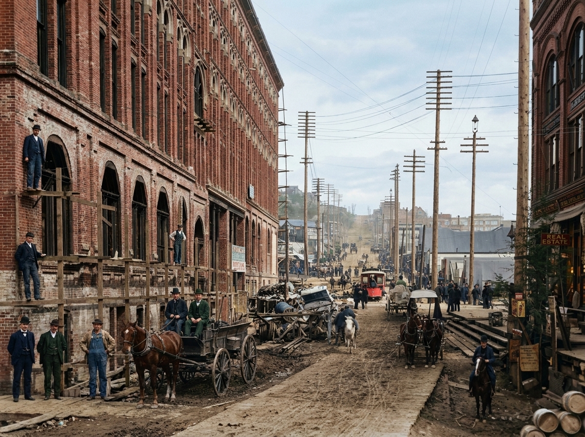 Rebuilding on First Avenue after the Great Seattle Fire, c. 1889-1890