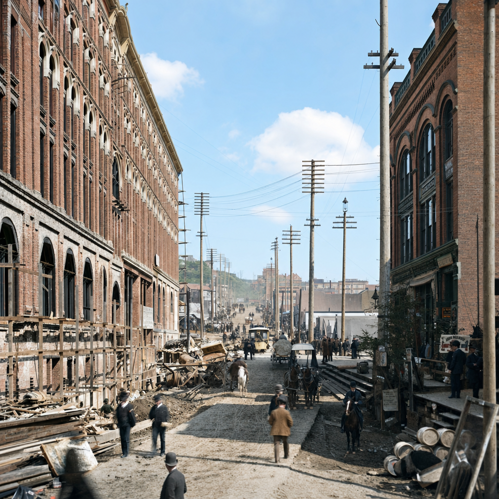 Rebuilding on First Avenue after the Great Seattle Fire, c. 1889-1890
