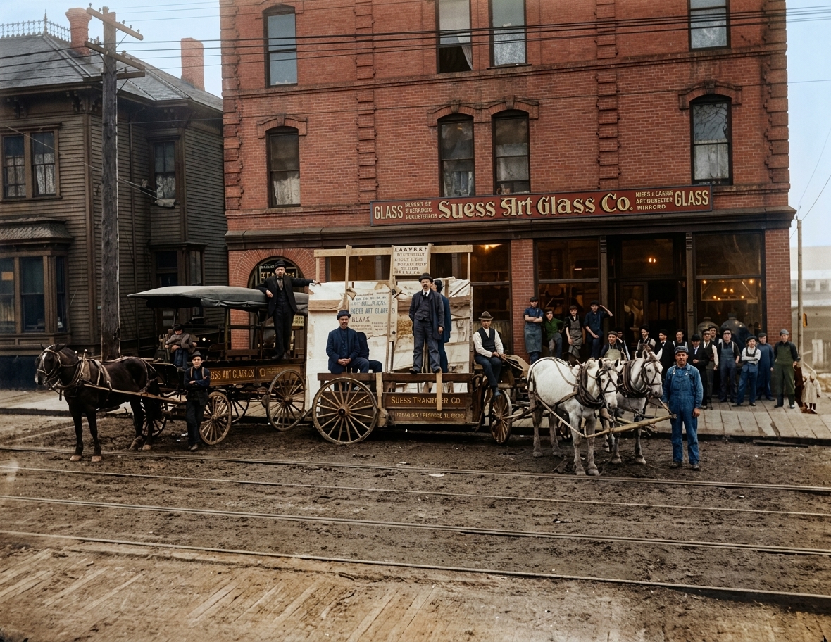 Suess Art Glass Co. storefront with horse-drawn parade wagons, c. 1909