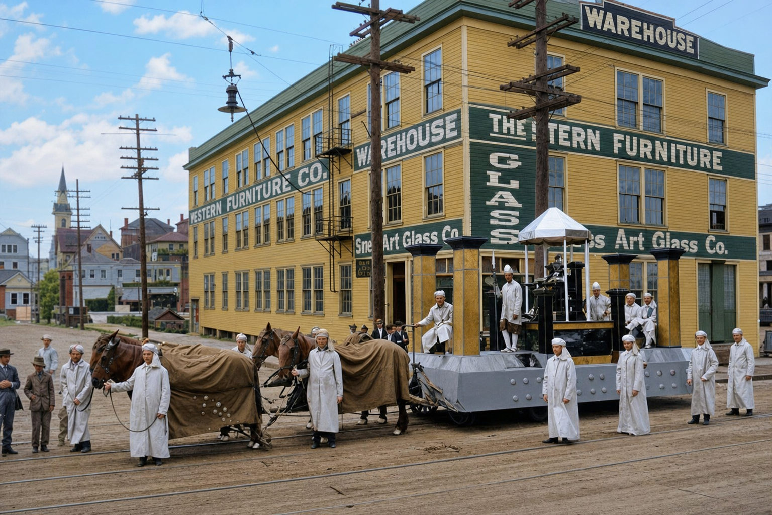 Suess Art Glass Co. parade float at Stern Furniture warehouse, c. 1910