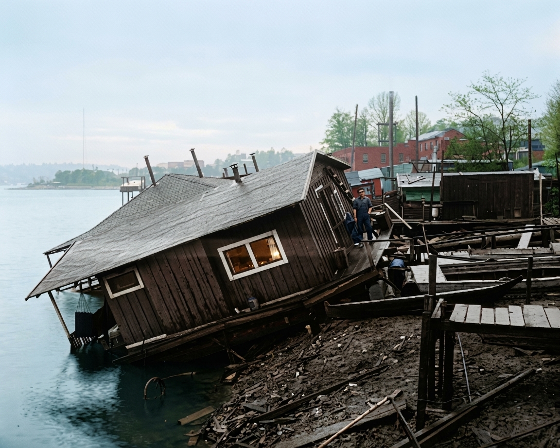 Toppled houseboat on Lake Union after Fremont dam break, 1914