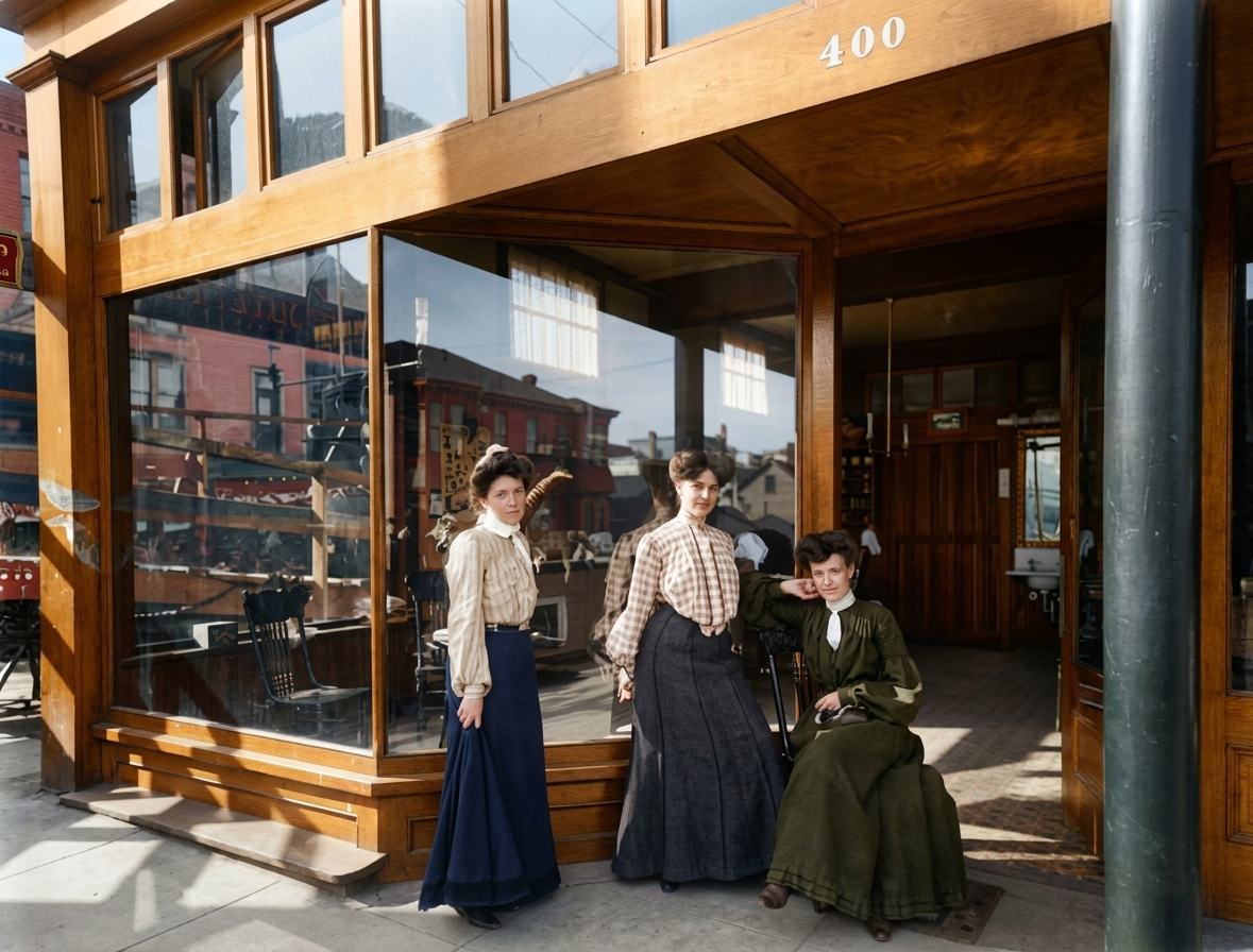 Three women at storefront, 400 block, c. 1905