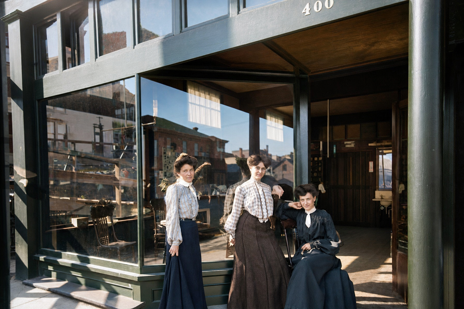 Three women at storefront, 400 block, c. 1905