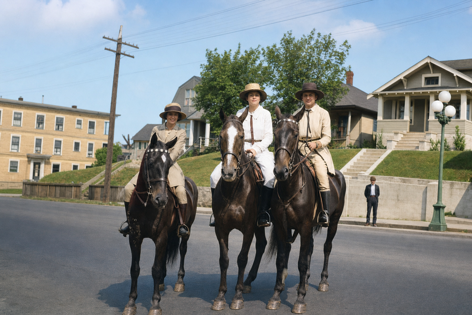 Three women on horseback near Volunteer Park, c. 1920
