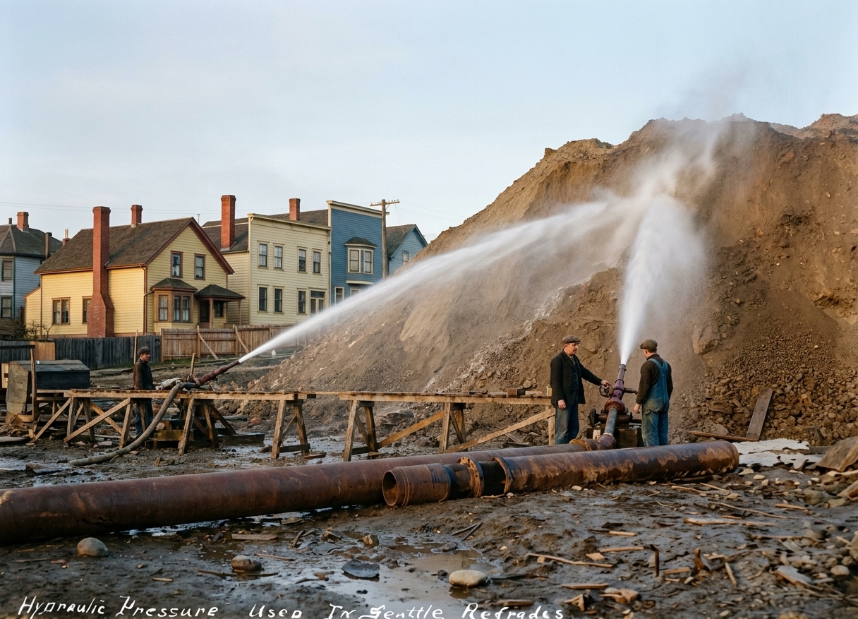 Hydraulic sluicing during Seattle regrade, c. 1908