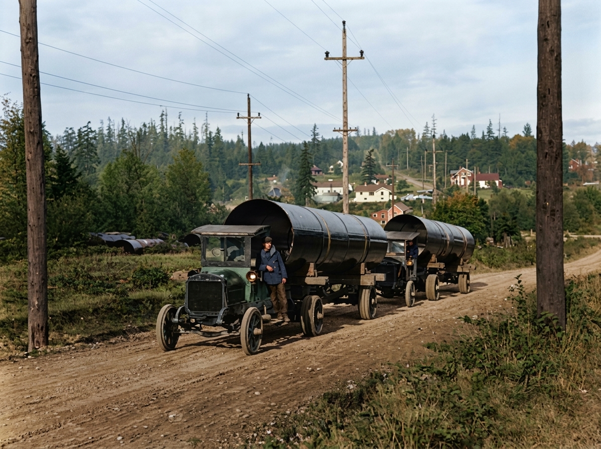 Trucks hauling water pipe on outskirts of Seattle, 1922