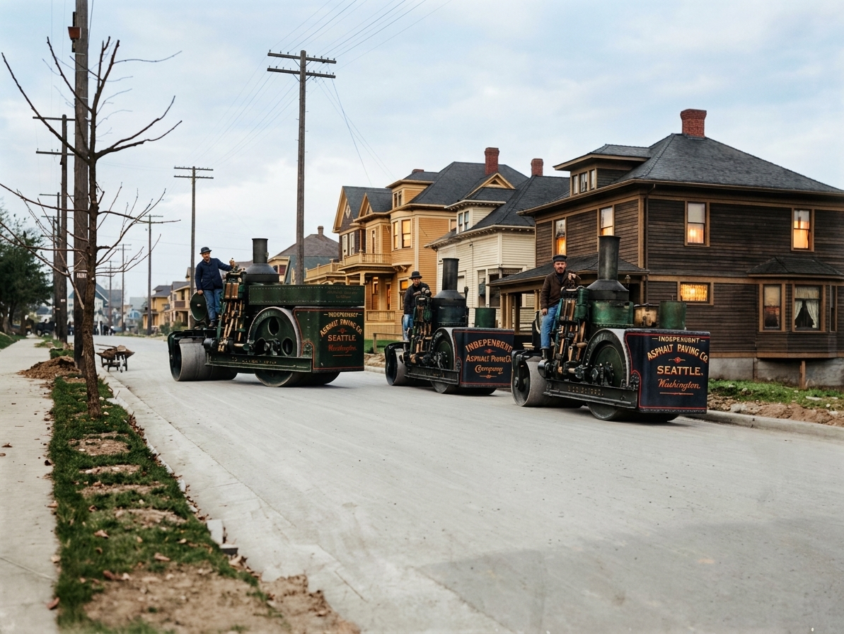 Independent Asphalt Paving Co. steamrollers, Seattle, c. 1907