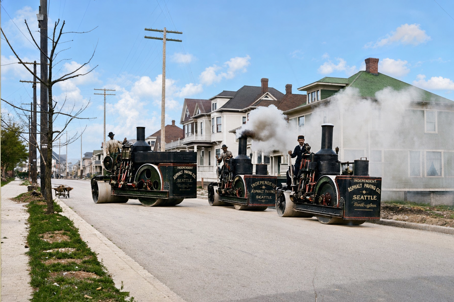 Independent Asphalt Paving Co. steamrollers, Seattle, c. 1907