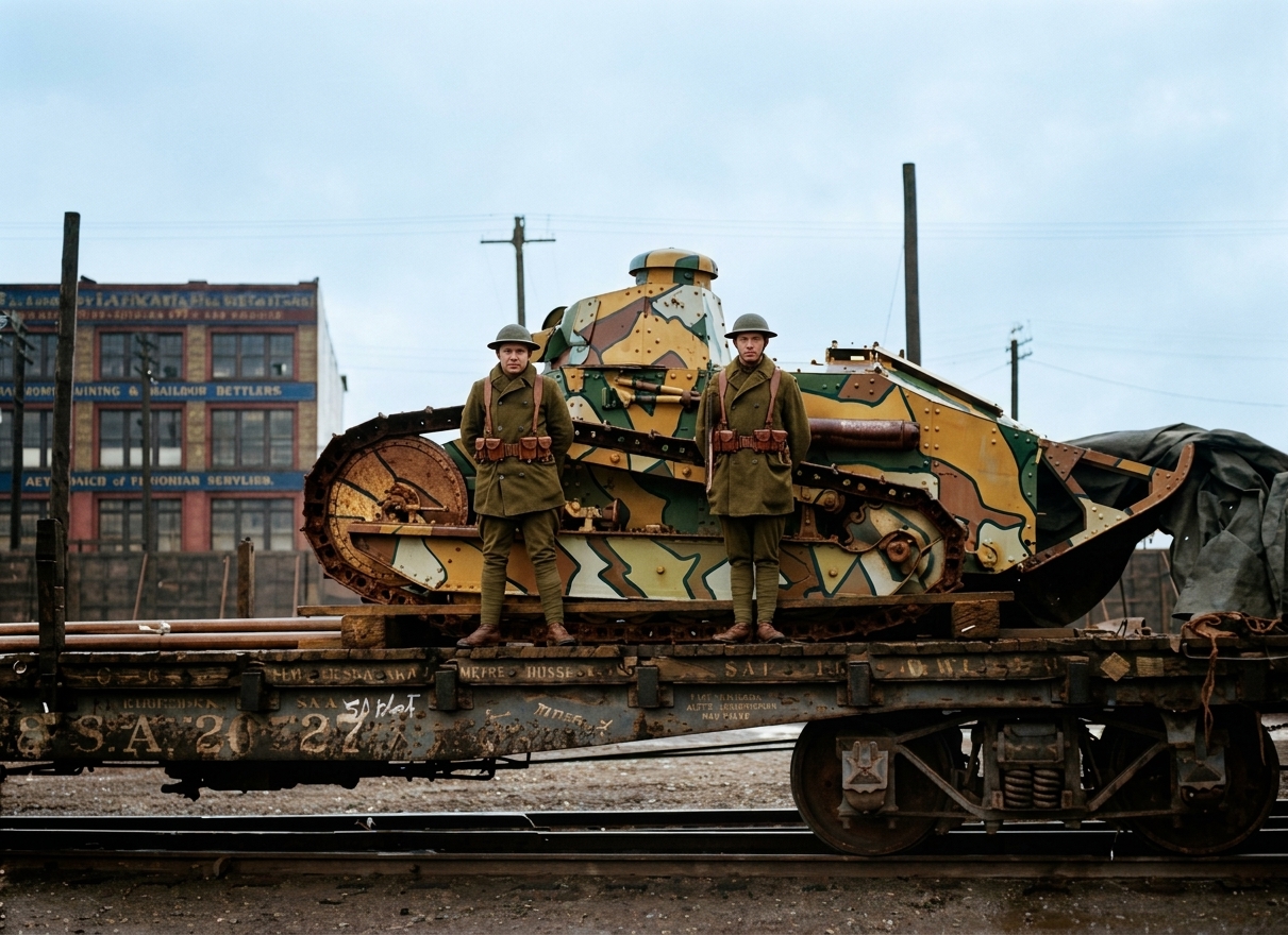 Renault FT tank on railroad flatcar with soldiers, c. 1919