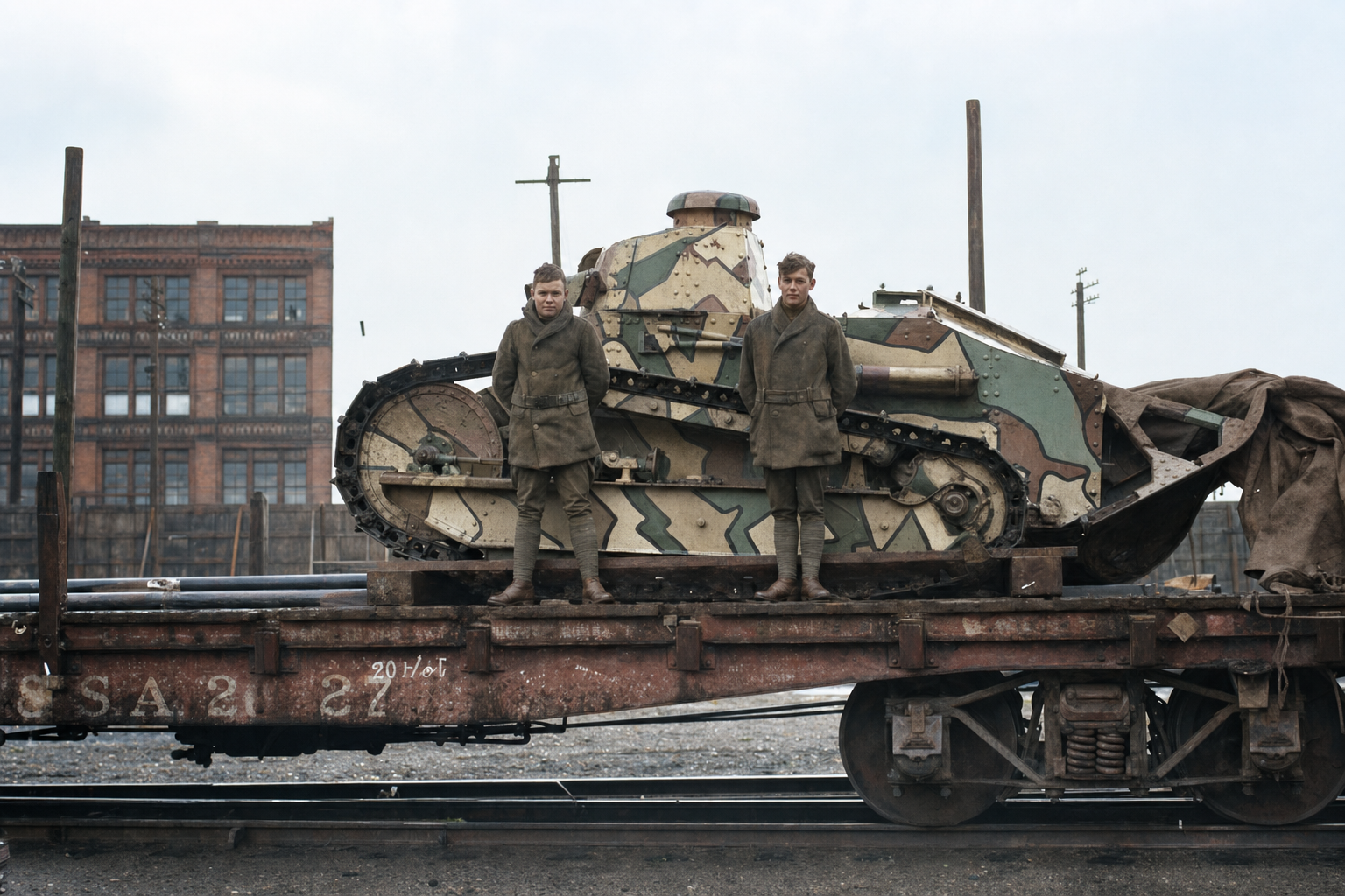 Renault FT tank on railroad flatcar with soldiers, c. 1919
