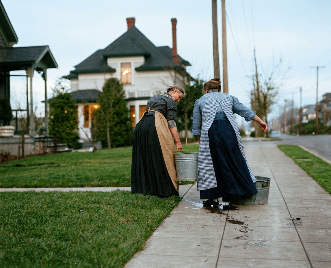 Two women with washtubs on a residential sidewalk, Seattle, c. 1900s