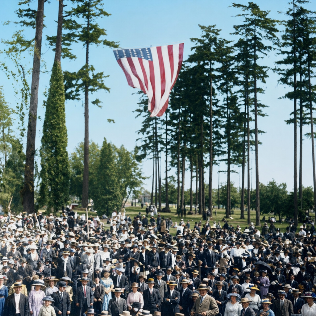 Crowd gathered beneath large American flag in wooded park, c. 1910s