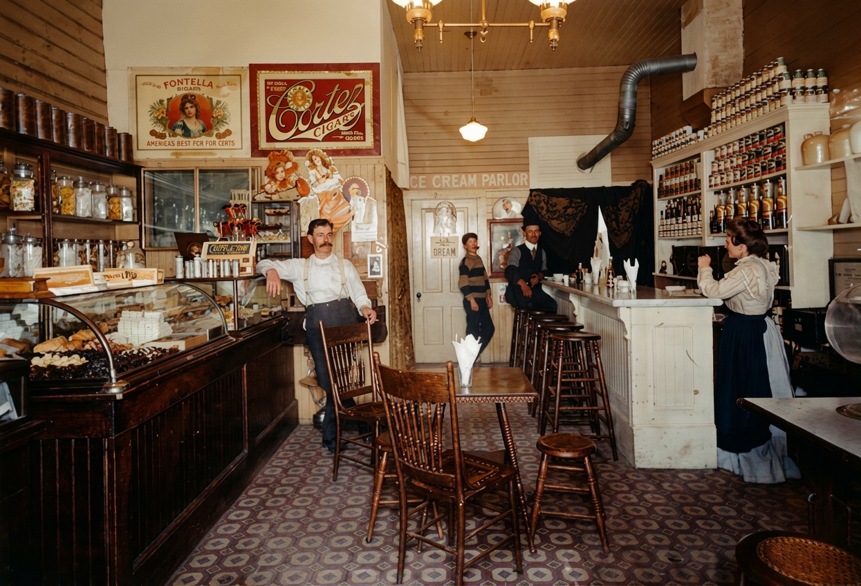 Confectionery and ice cream parlor interior, c. 1900