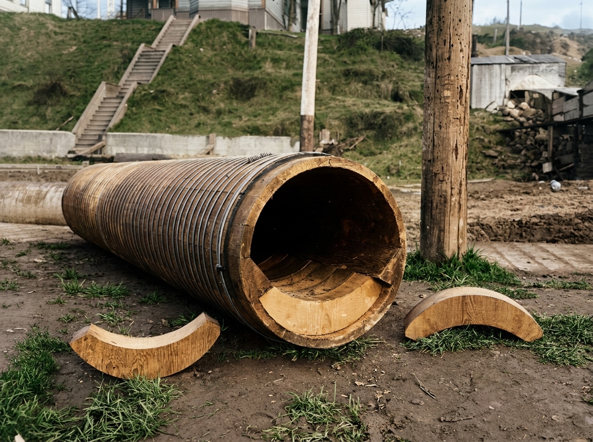 Hopkirk patent wooden drainage pipe, Seattle regrade, 1906