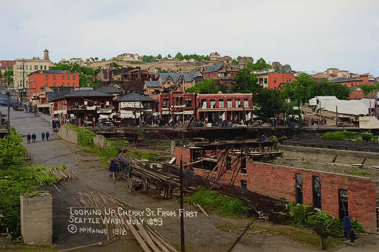 Looking up Cherry Street from First Avenue after the Great Fire, July 1889