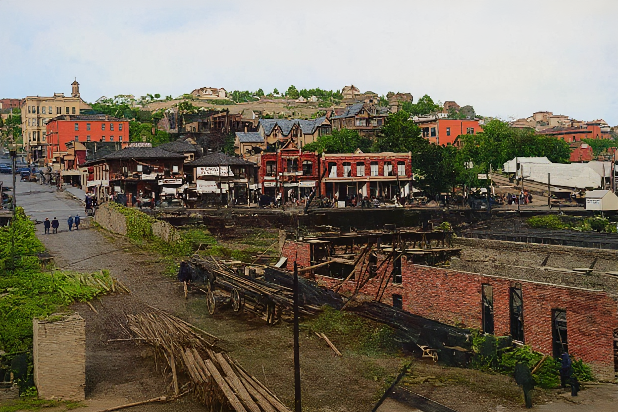 Looking up Cherry Street from First Avenue after the Great Fire, July 1889