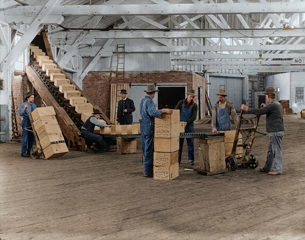 Loading canned salmon crates, Virginia Street Dock, c. 1911