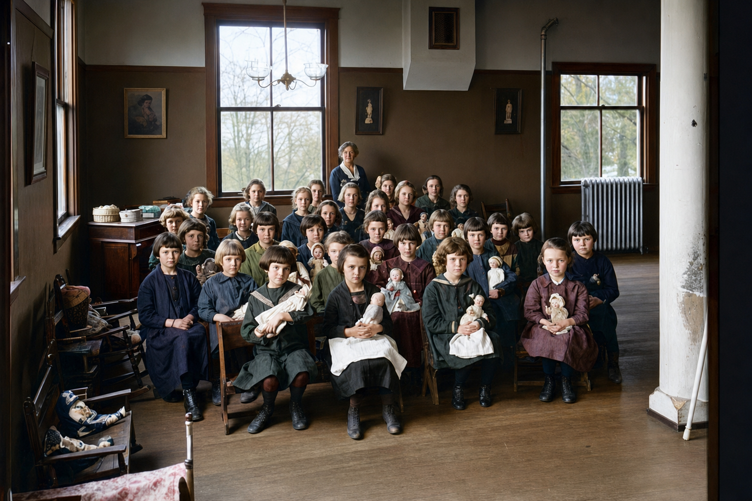 Girls with dolls at the Washington Children's Home, Ravenna, c. 1915