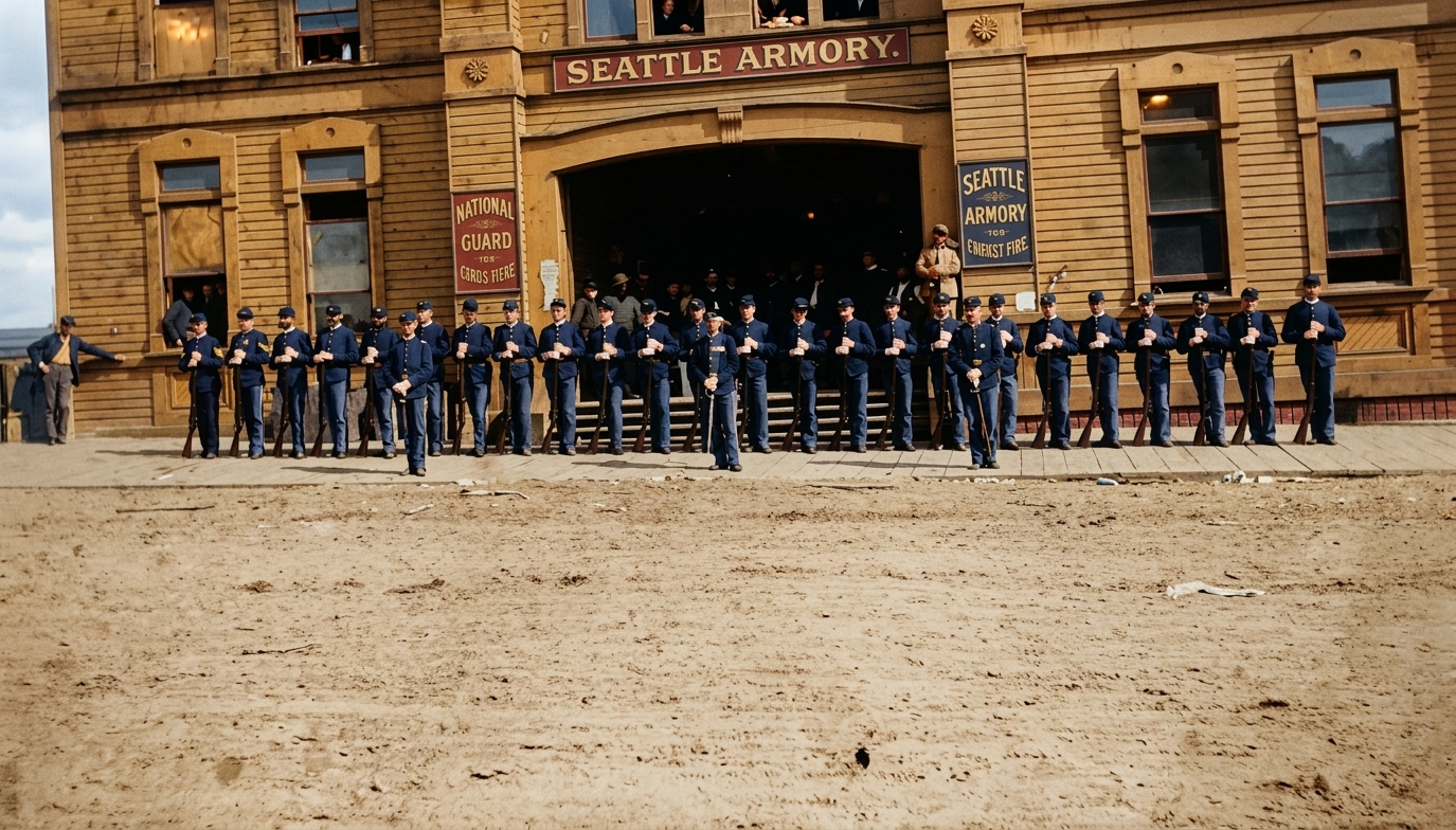National Guard troops outside the Armory after the Great Seattle Fire, 1889