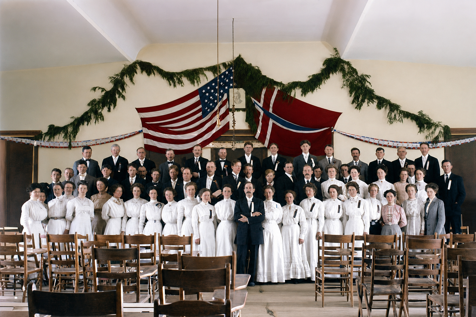 Immanuel Lutheran Church choir with American and Norwegian flags, c. 1905