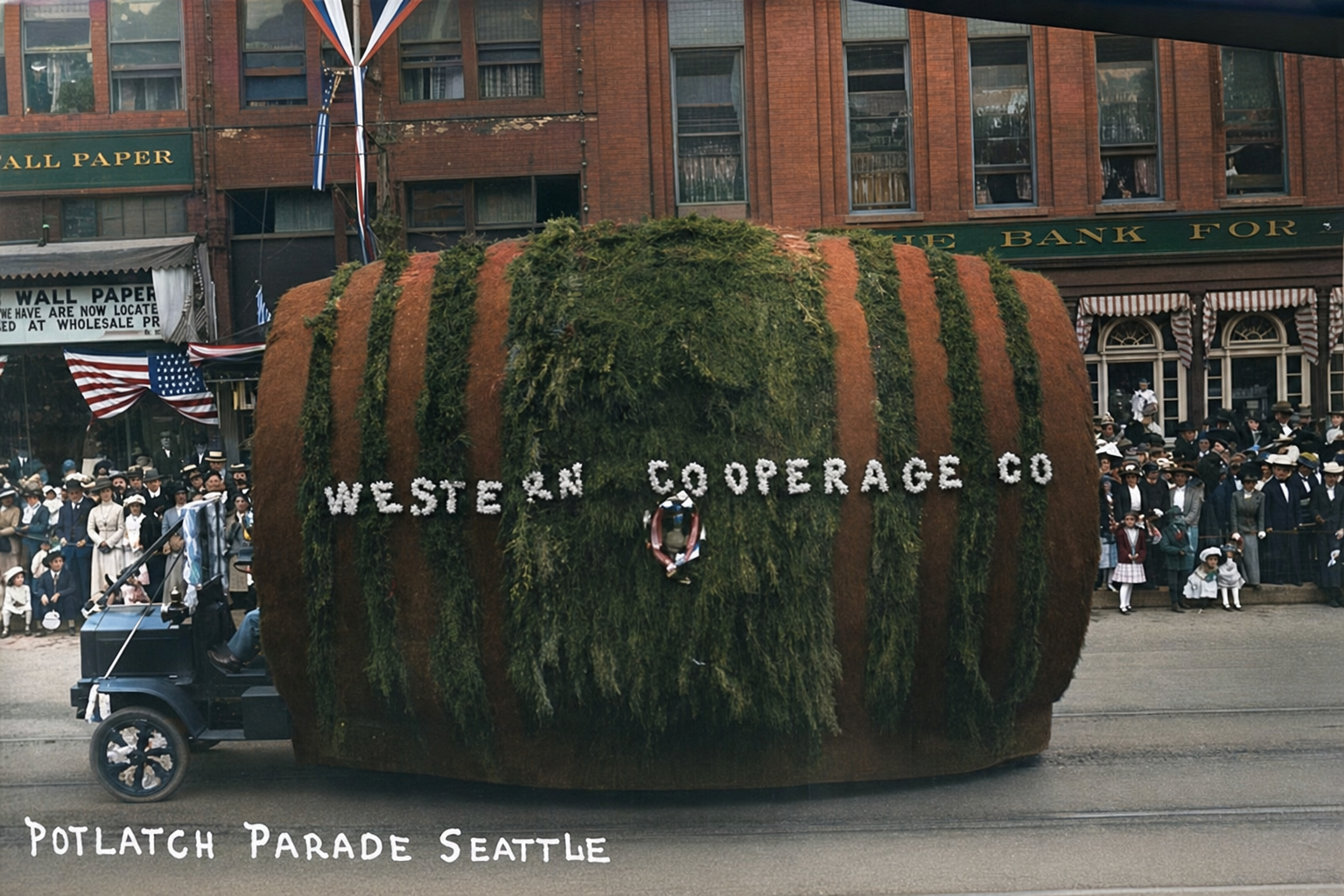 Western Cooperage Co. barrel float, Potlatch Parade, c. 1912