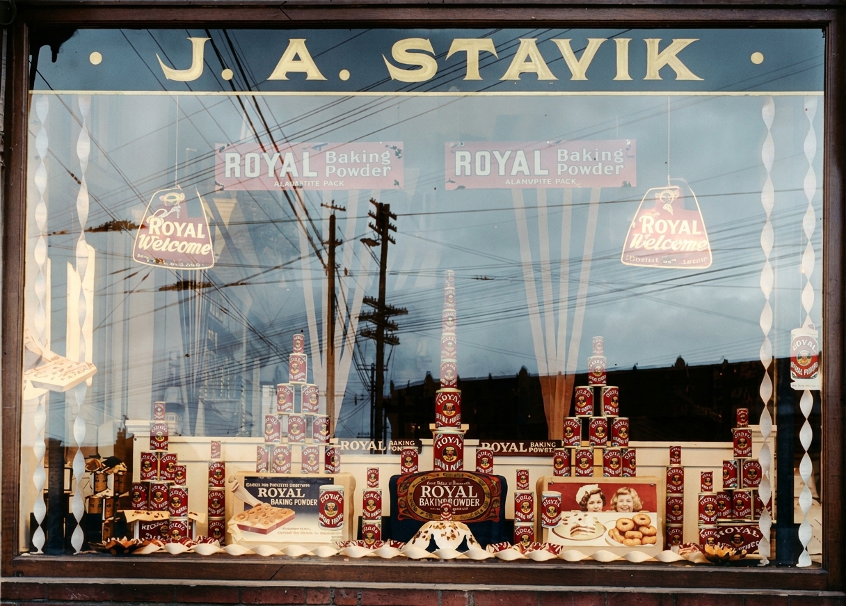 J.A. Stavik grocery window with Royal Baking Powder display, 1916