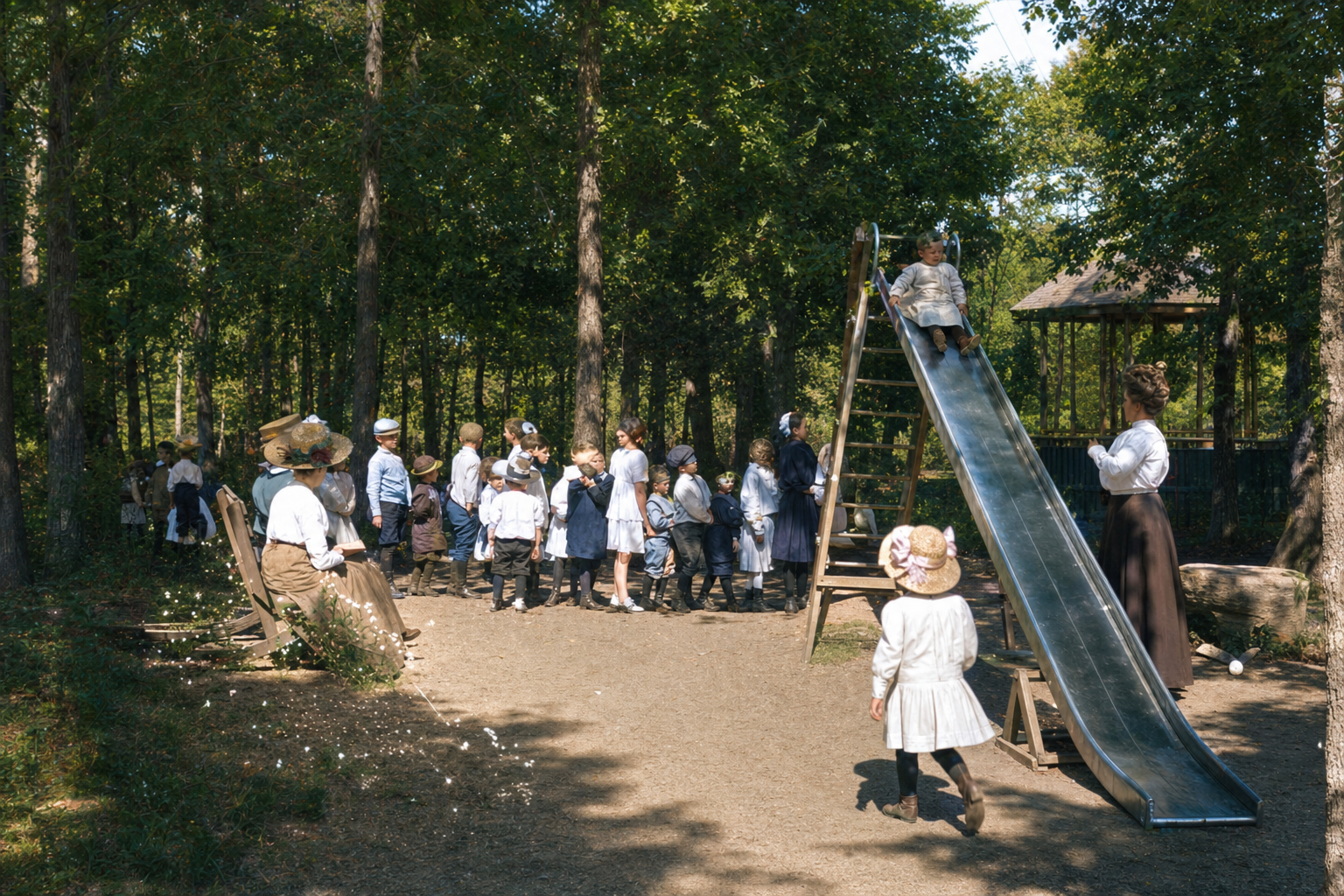 Children at park playground slide, c. 1910
