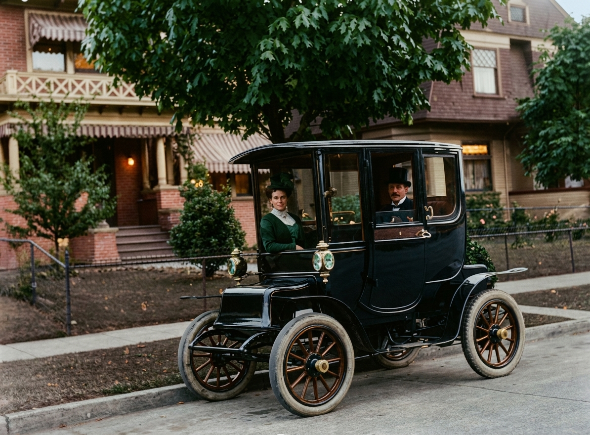 Couple in an electric automobile outside a Seattle residence, c. 1905