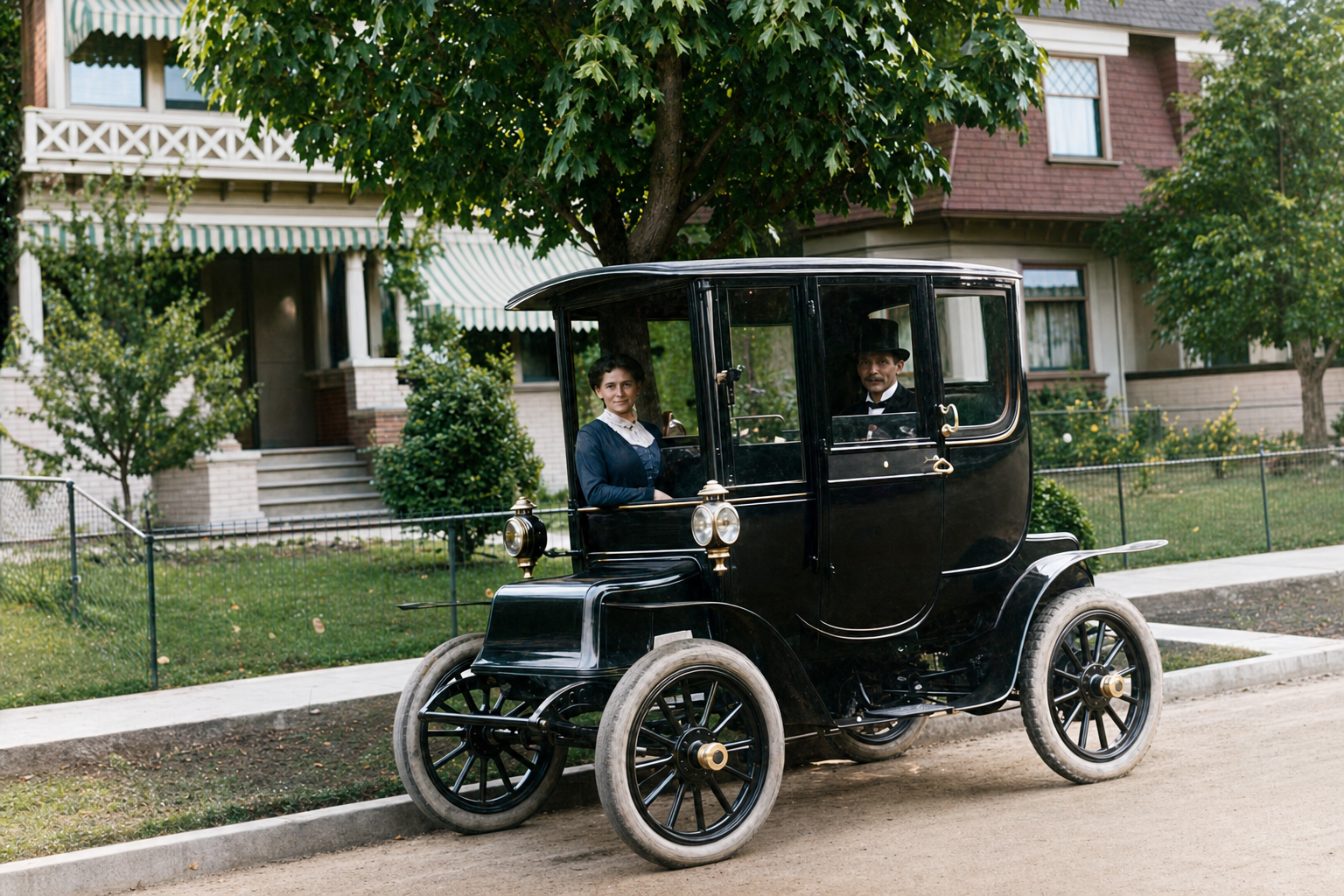 Couple in an electric automobile outside a Seattle residence, c. 1905