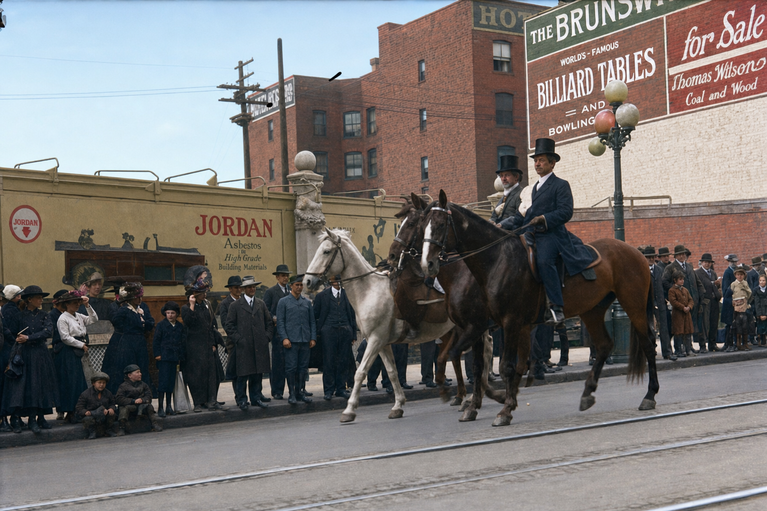 Parade riders passing the Brunswick Billiards building, c. 1910