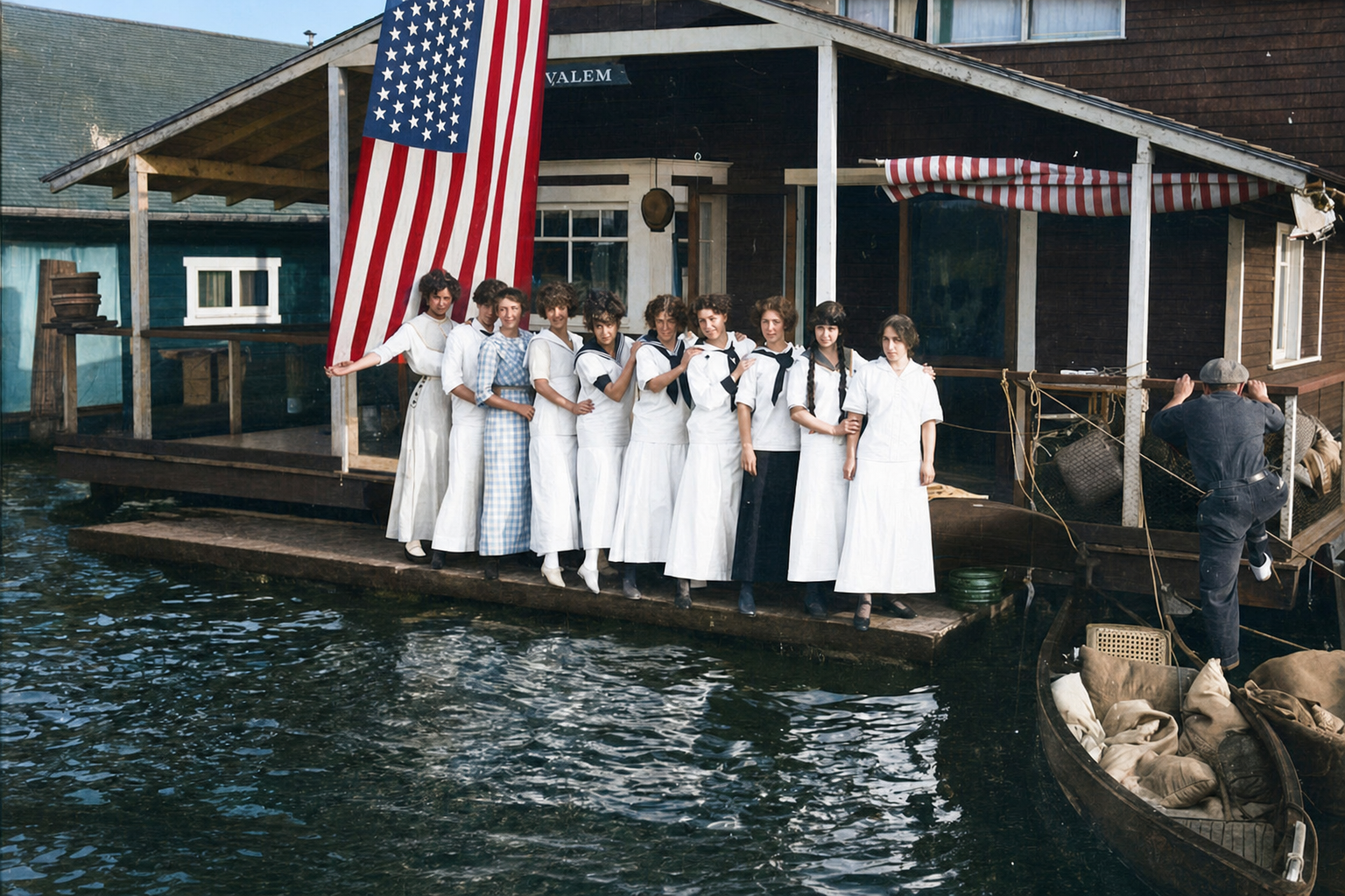 Group of young women on houseboat dock, Lake Washington, c. 1910