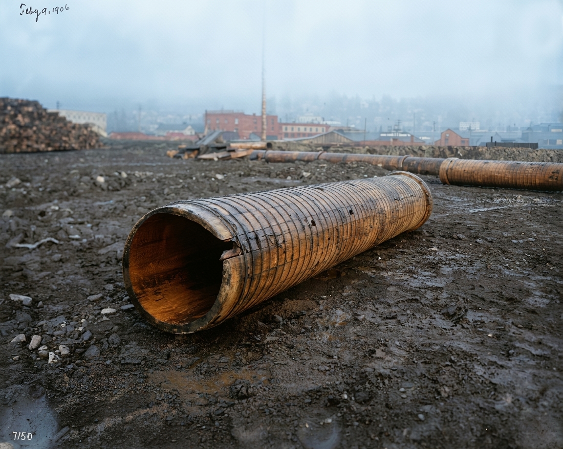 Wooden stave water pipe section, Seattle, 1906
