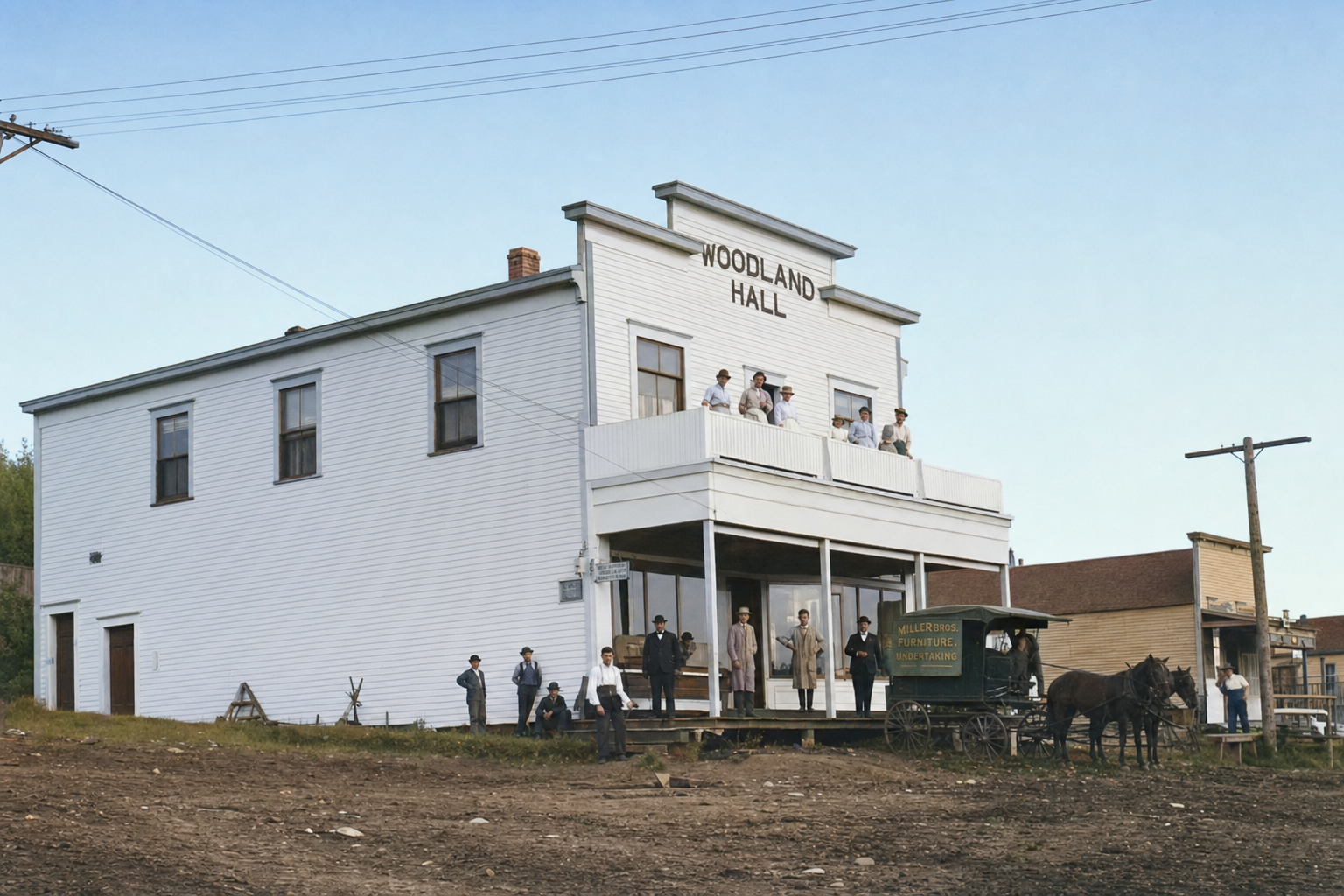 Woodland Hall and West Woodland Mercantile wagon, c. 1910
