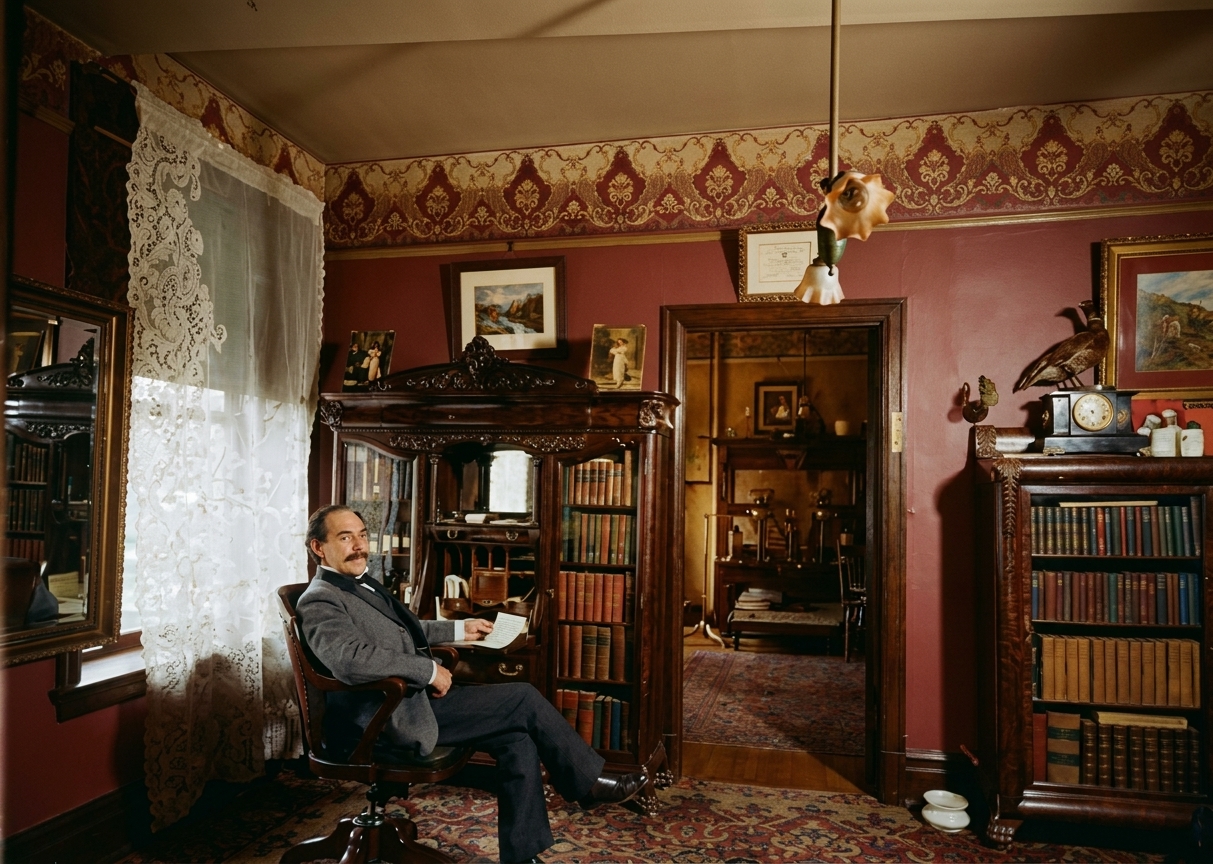 Gentleman in Victorian parlor library, c. 1900