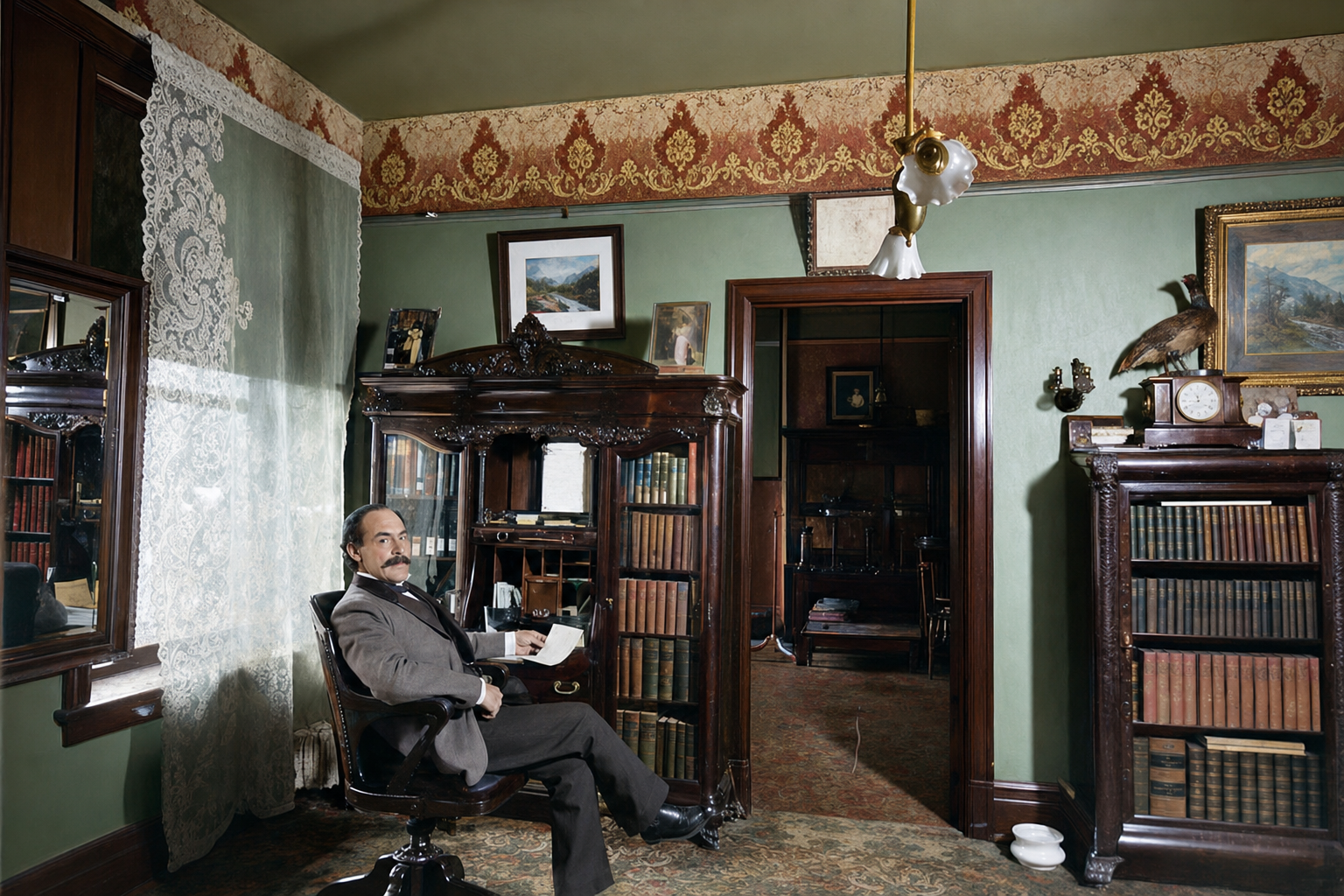 Gentleman in Victorian parlor library, c. 1900