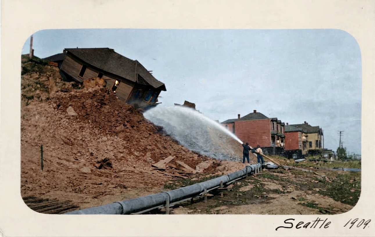 Denny Hill regrade sluicing, Seattle, 1909