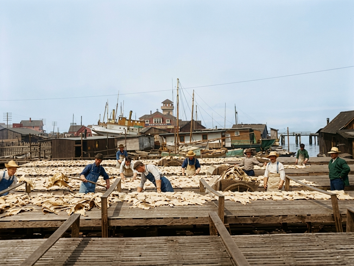 Drying codfish on the West Seattle waterfront, c. 1910