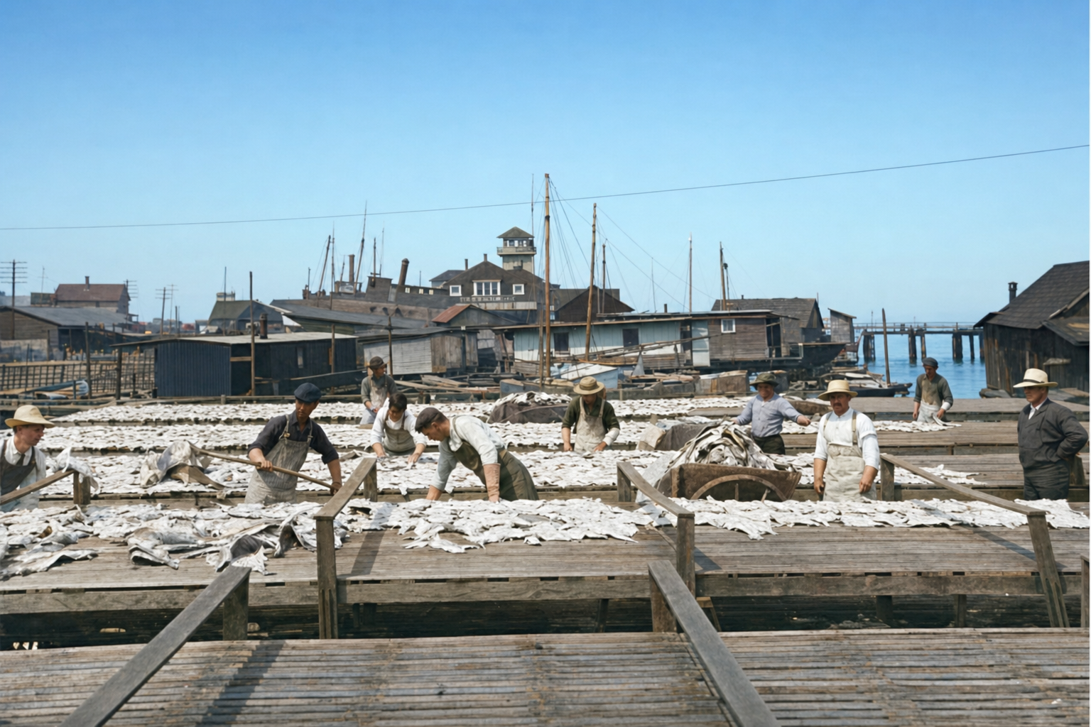Drying codfish on the West Seattle waterfront, c. 1910