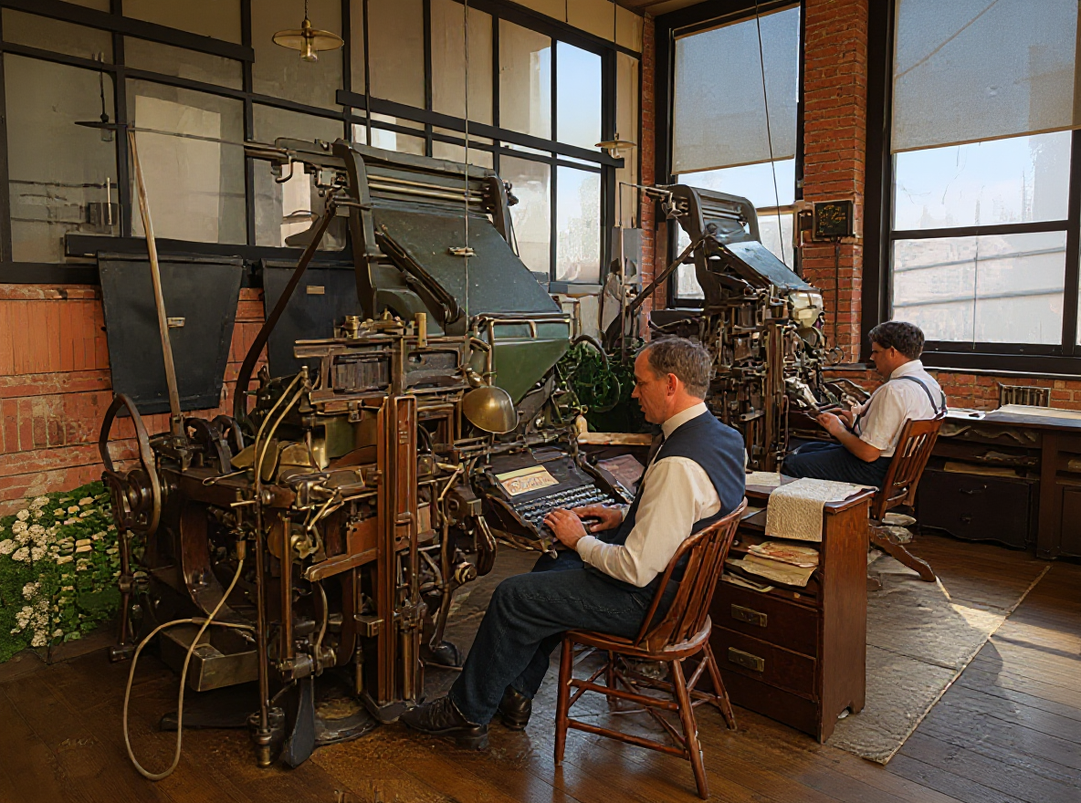 Linotype operators at Lowman & Hanford printing company, c. 1910