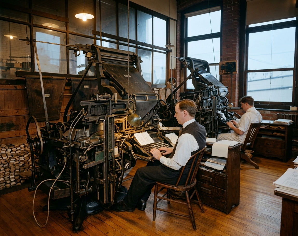 Linotype operators at Lowman & Hanford printing company, c. 1910