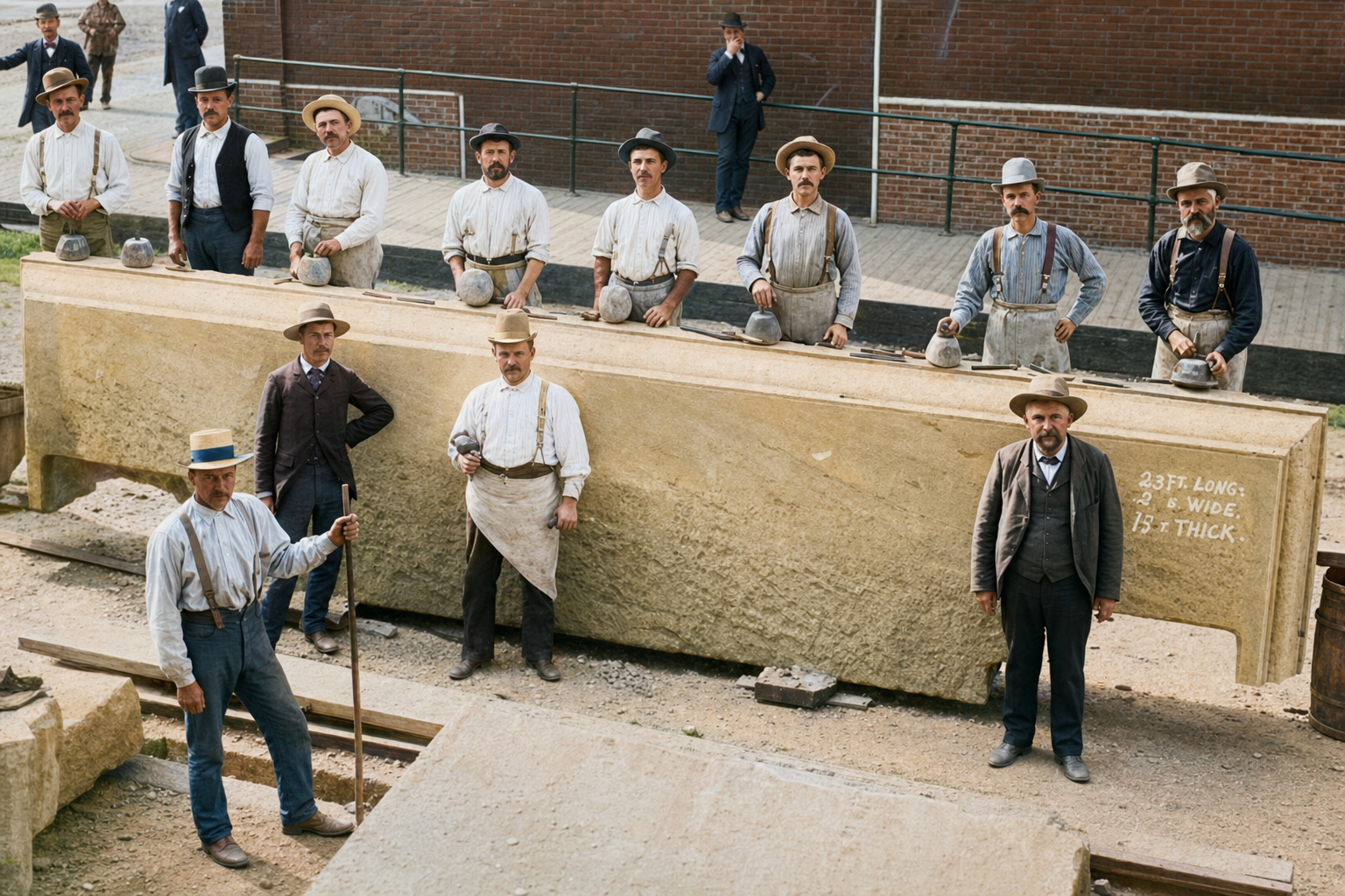Stone carvers posing with massive stone slab, Seattle, c. 1890s