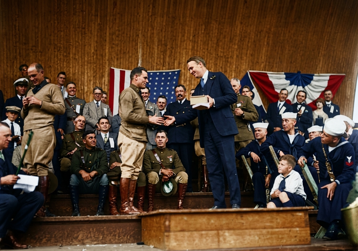Lt. Leigh Wade receives honorary ring at round-the-world flyers ceremony, 1924