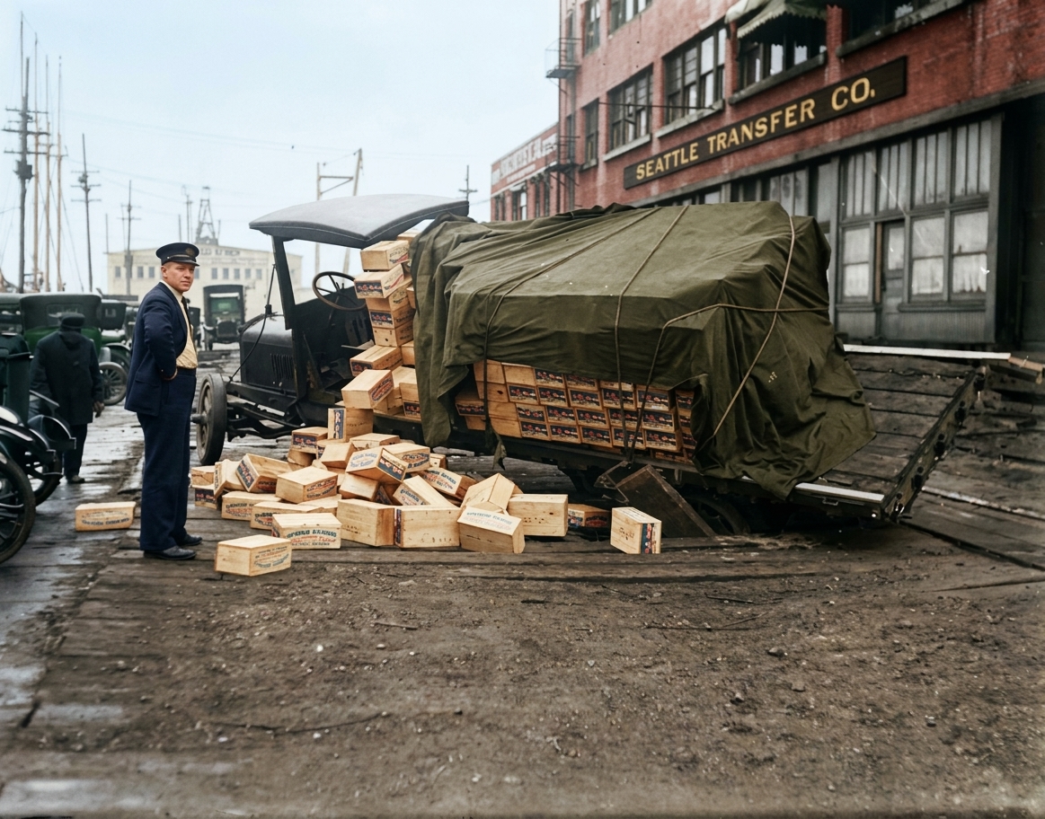 Overturned delivery truck at Seattle Transfer Co., c. 1920s