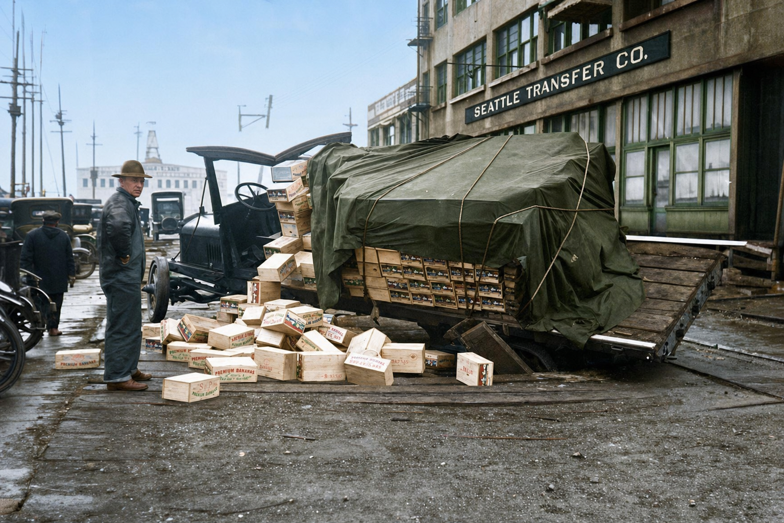 Overturned delivery truck at Seattle Transfer Co., c. 1920s